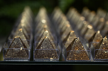 close up of a chocolate, chocolate in a market, chocolate in box, happy Easter, pyramid shaped chocolate, party candy, candy table

