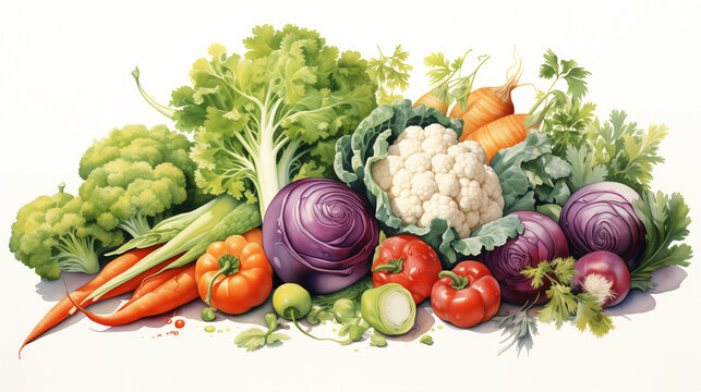A vibrant watercolor painting of leafy greens and cruciferous vegetables, including kale, cauliflower, and broccoli, representing health and nutrition.