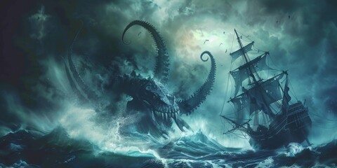 Mystic photo kraken attacking to a ship during storm on the sea, mythical concept