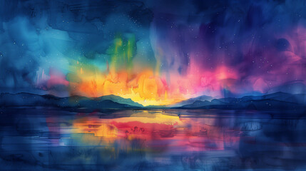A watercolor painting of the Aurora Borealis dances in the sky, painting it with vibrant strokes above a tranquil mountain lake as dusk settles into night.