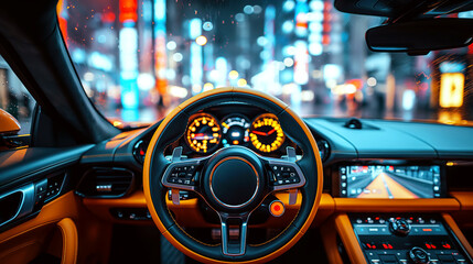 point of view from the driver of car. Steering wheel, speedometer and dashboard in a luxury sports car with a view of city at night - obrazy, fototapety, plakaty