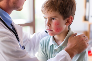 Pediatrician examining little boy face skin covered with severe red rash. Kid with pox being examined at the physician. Allergic rash, chickenpox, monkeypox, alaskapox, bacterial infections symptoms