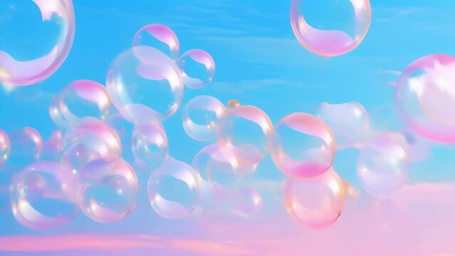 Colorful soap bubbles floating gently against a pastel sky at sunset, colorful summer background