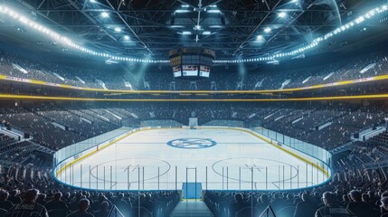 Wide-angle aerial view of a crowded ice hockey arena during a game with crowded tribune full of sport fans - 755720417
