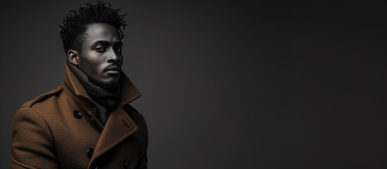 Obraz premium Close-up portrait of a young handsome man, an African-American in stylish fashionable clothes. Studio monochrome photo, banner with copy space