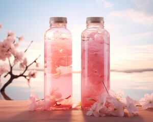 a bottle mockup of peach rose water next to a lime leaf