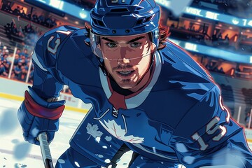 Dynamic image of concentrated hockey player in motion during game, playing on ice rink arena with tribune filled of sport fans - obrazy, fototapety, plakaty