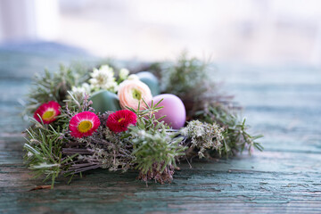 Colorful easter eggs in a herb nest with spring flowers on weathered rustic wooden table....