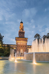 Piazza Castello Springbrunnen, Torre del Filarete, Mailand, Lombardei, Italien - obrazy, fototapety, plakaty