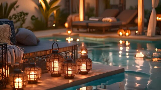 A lantern glowing next to a pool, creating a serene ambiance for relaxation and enjoyment