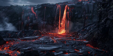 Lava waterfall during an eruption of a volcano, nature concept
