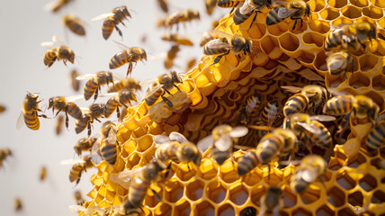 Close-up Bees on honeycomb on white background