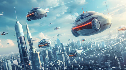 futuristic urban transportation with autonomous cars and flying taxis - obrazy, fototapety, plakaty