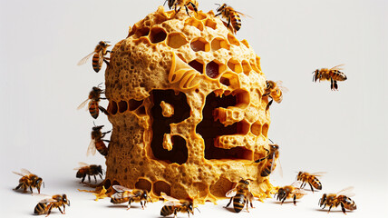 Close-up Bees on honeycomb on white background - obrazy, fototapety, plakaty