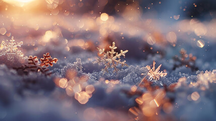 Holographic snowflakes falling gently from the sky, covering the ground in a blanket of white - obrazy, fototapety, plakaty