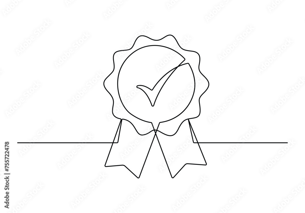 Poster award badge continuous one line drawing. approval check sign. certificate contour line vector illust