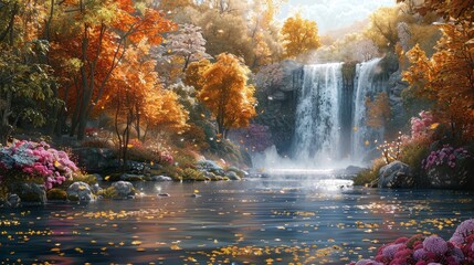 Fantasy waterfall with autumn trees and beautiful flowers