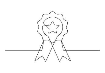 Continuous one line drawing of the best quality award badge with gold star winning medal vector illustration. Premium vector