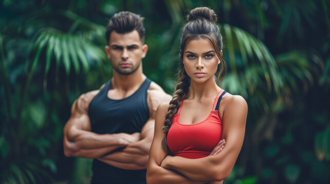 Portrait of two muscular personal trainers standing outdoors and looking at the camera