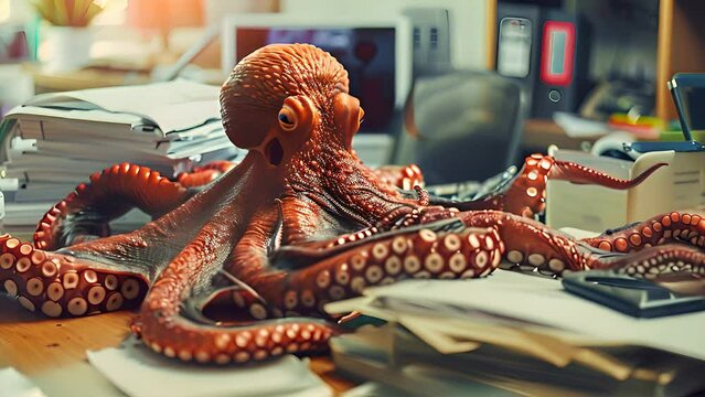 Octopus sitting on a desk next to a pile of papers