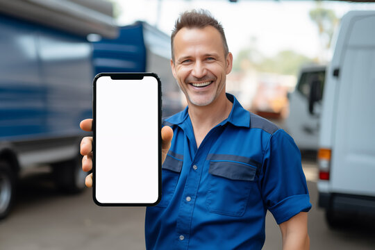 Mechanic man holding blank screen smartphone mockup at car workshop