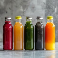 Assorted cold-pressed juices in glass bottles, from left to right: beetroot, orange, kale, charcoal, and carrot. Healthy detox drink concept. Design for juice bar menu, nutrition blog, poster