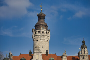 Fototapeta na wymiar Turm Neues Rathaus mit Wetterfahne, Stadtverwaltung Leipzig, Sachsen, Deutschland