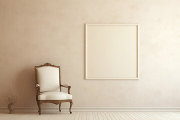 Beige chair and blank frame against a soft-colored wall.