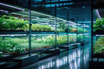 A greenhouse filled with rows of hydroponically grown herbs and vegetables, illuminated by energy-efficient LED lights.
