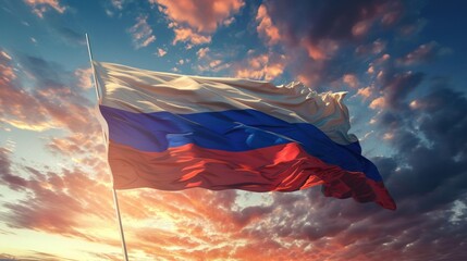 Waving Russian flag against a blue sky with clouds and empty space for text. Room for text. National flag of the Russian Federation. - obrazy, fototapety, plakaty