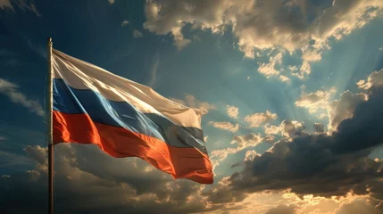 Poster Waving Russian flag against a blue sky with clouds and empty space for text. Room for text. National flag of the Russian Federation. © Ruslan Gilmanshin