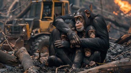 A family of chimpanzees hugged each other in a fire-ravaged forest, they were sad. Their homes quickly disappear to bulldozers and flames, environmental disaster, deforestation, Save animal wild