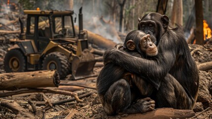 Fototapeta premium A family of chimpanzees hugged each other in a fire-ravaged forest, they were sad. Their homes quickly disappear to bulldozers and flames, environmental disaster, deforestation, Save animal wild