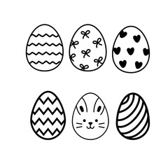 Easter eggs set. Vector lineart set of eggs with ornament. Perfect for easter pattern, stickers, coloring page, logo, banner. Hand drawn easter illustration. Spring holiday drawing. Black and white.