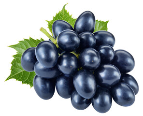 Grapes transparent PNG. Black blue grapes isolated on transparent or white background. Dark blue grape with leaves.