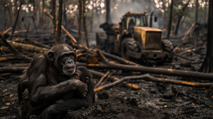 A family of chimpanzees hugged each other in a fire-ravaged forest, they were sad. Their homes quickly disappear to bulldozers and flames, environmental disaster, deforestation, Save animal wild