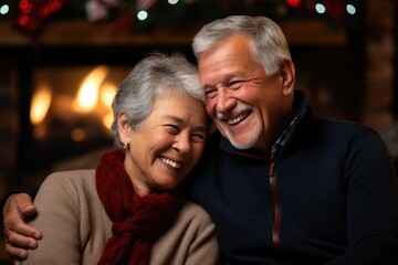 A senior couple in front of a crackling fireplace, holding hands and smiling warmly as they celebrate Christmas together, capturing the love and companionship of the holiday season.