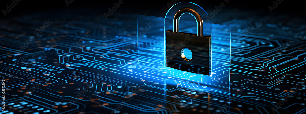 Poster lock icon on circuit board, cyber security concept banner design background