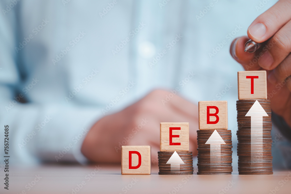 Poster debt wording on cube with increasing coins stack and up arrow for debt include home loan , consumer 