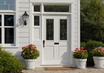 Fototapeta na wymiar White front door with small square decorative windows and flower pots