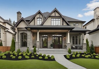 Beautiful exterior of newly built luxury home. Yard with green grass and walkway lead to ornately designed covered porch and front entrance - obrazy, fototapety, plakaty