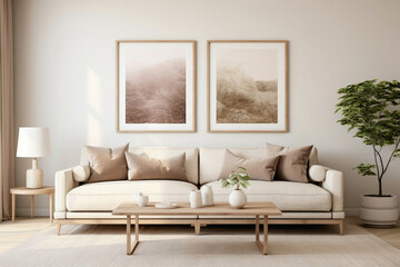 Beige Scandinavian living room with two sofas and a wooden table under a blank frame.