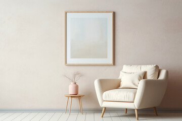 Beige Scandinavian sofa chair with a white blank frame against a soft wall.