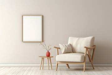 Beige Scandinavian sofa chair with a white blank frame against a soft wall.