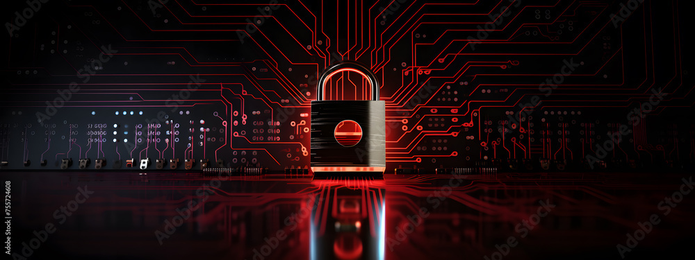 Poster lock icon on circuit board, cyber security concept banner design background