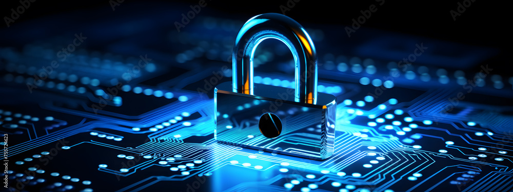 Aufkleber lock icon on circuit board, cyber security concept banner design background
