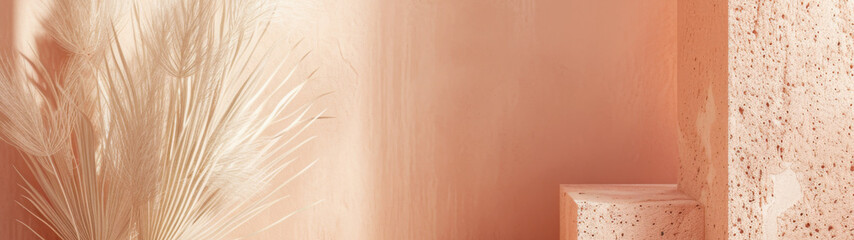 Close up textures in concept of quiet luxury, peach color, some grass on the ground close to a wall, in the style of light pink and light bronze, detailed feather rendering, terracotta, light leaks.