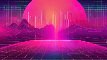 Retro Wave music album cover template with element. Wireframe landscape background. Big Data. Cyberpunk vector illustration. 80s Retro Sci-Fi Background