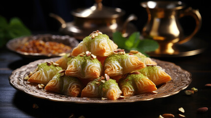 Pistachio baklava close-up with honey and nuts. Traditional Middle Eastern dish for the Holiday Eid al-Fitr.