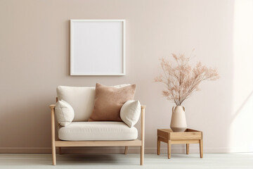Beige Scandinavian sofa chair with a white frame against a soft wall.